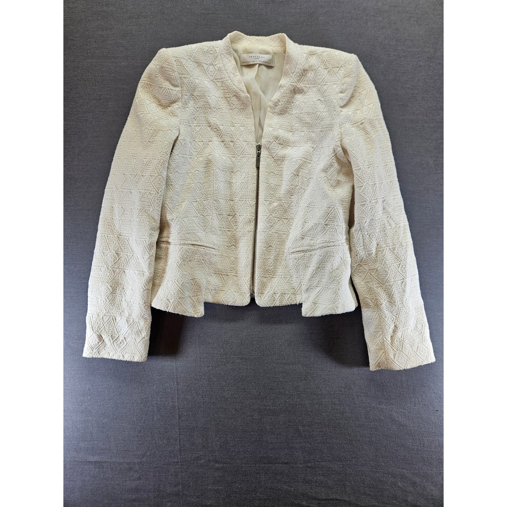 Zara Trafaluc Womens Small Cream Textured Jacquard Zip Up Blazer Jacket